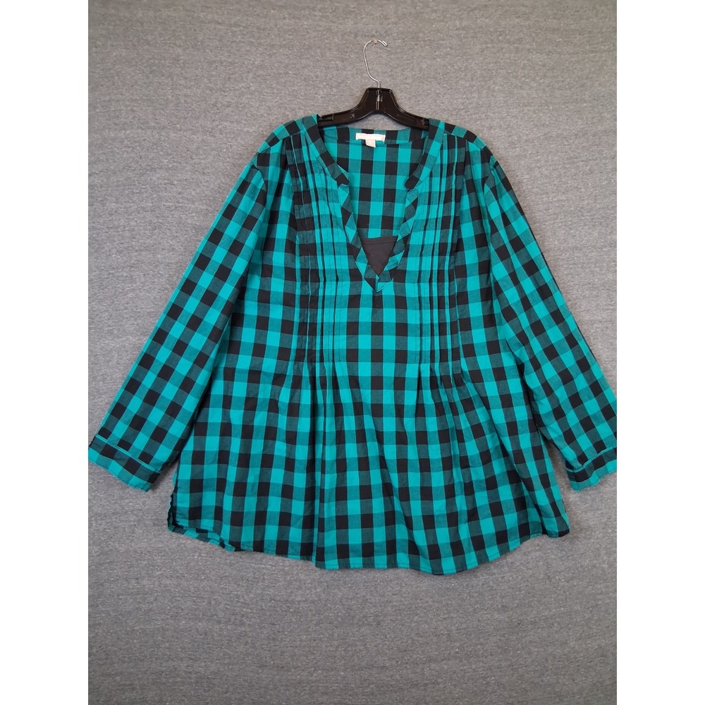Woman Within Shirt 3X Green Black Buffalo Plaid Popover Pintucked Cottage Cabin